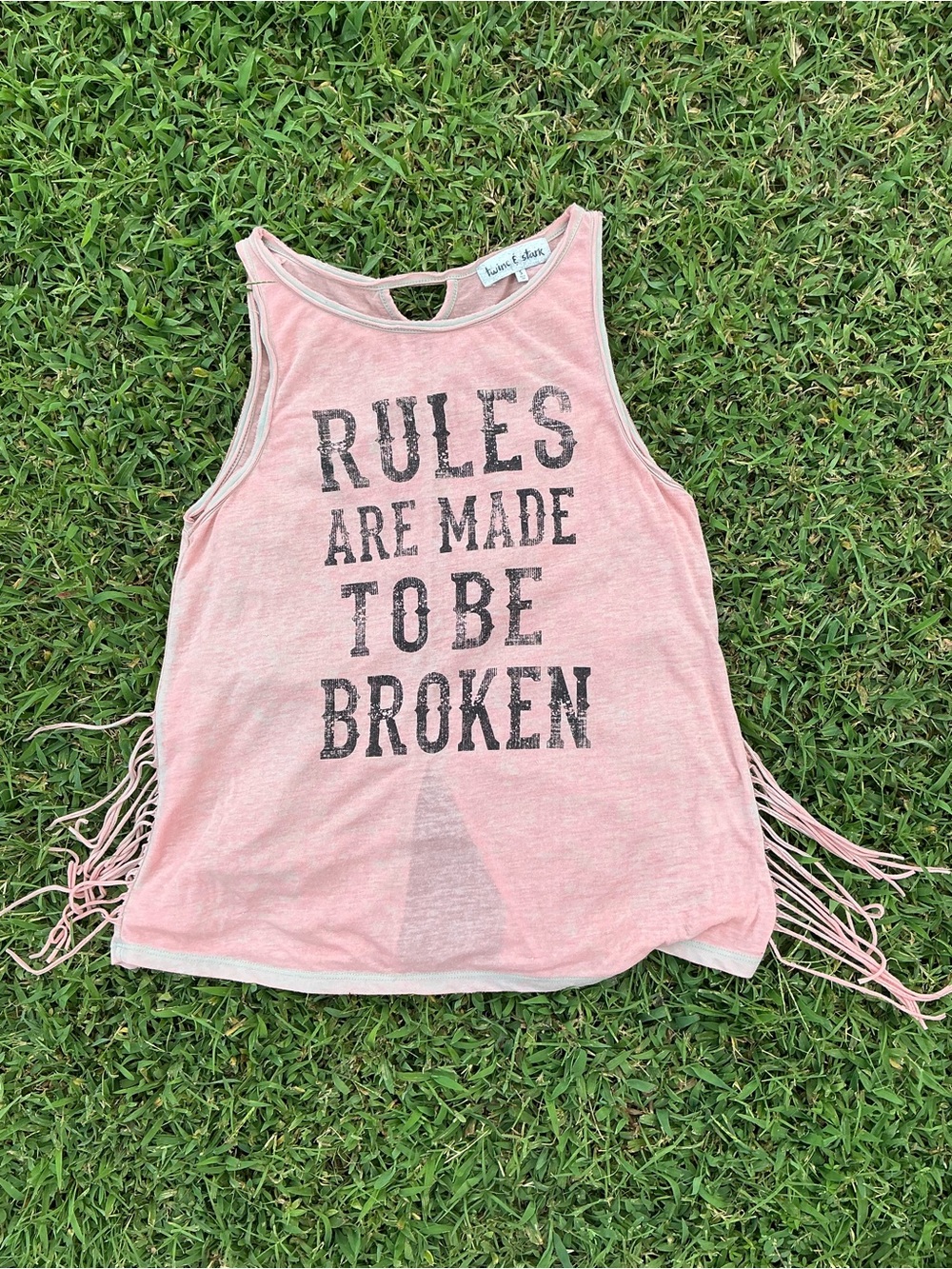 Pink Fringe Graphic Tank Top - Rules Are Made To Be Broken